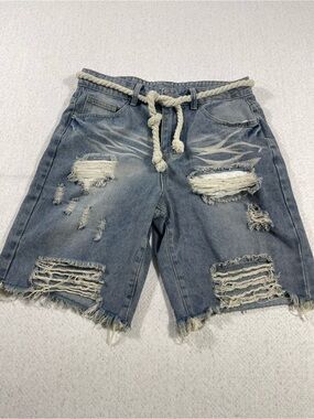 Manfinity Men’s Distressed Blue Denim Drawstring Shorts SzXS.SKU#0686